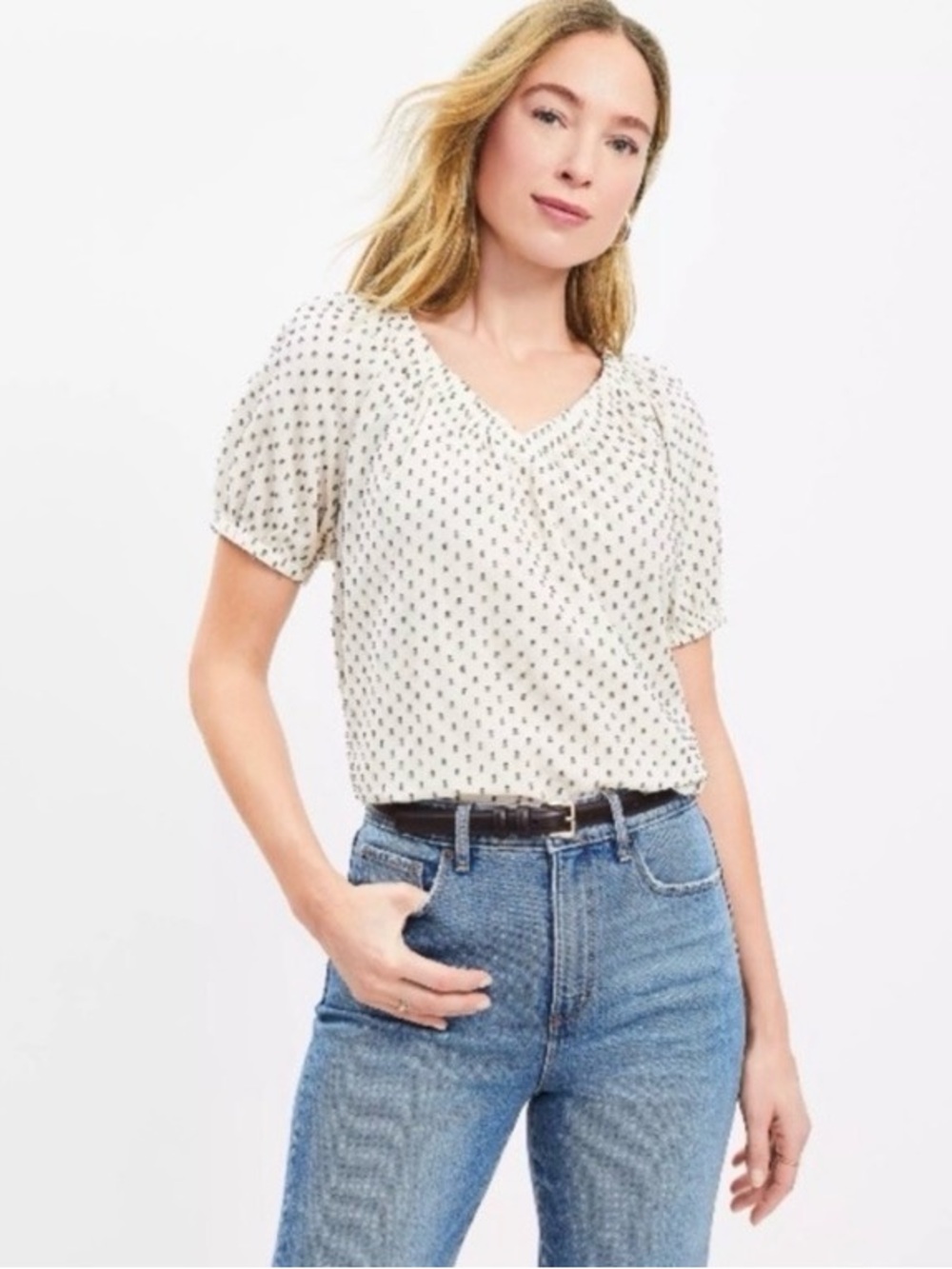 LOFT White Short-Sleeve V-Neck Blouse with Green Dot Print